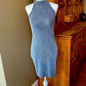 Let’s dance!  Silver geometric stretchy sleeveless mini dress.